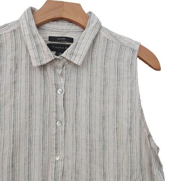 Tahari Linen Top Womens Large Sand Striped Shell Button Linen Minimalist Beach - Picture 6 of 10